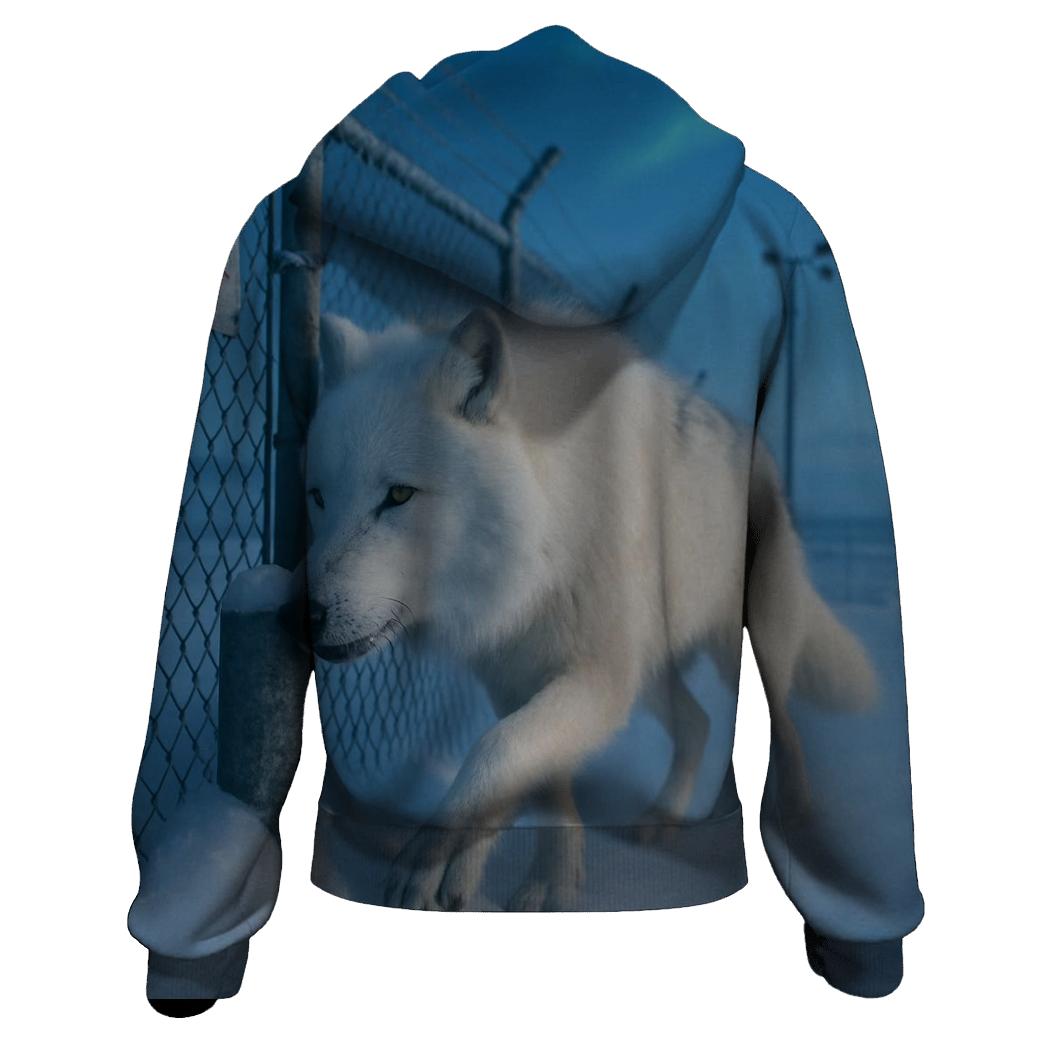Arctic Wolf Along The Weather Station Fence Line pullover hoodies