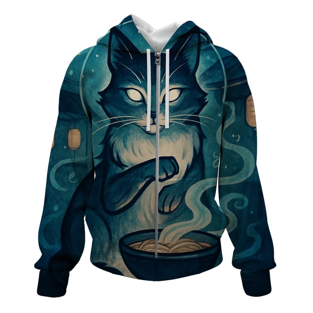 Moonlit Noodle Shop Guardian Cat zip-up hoodies