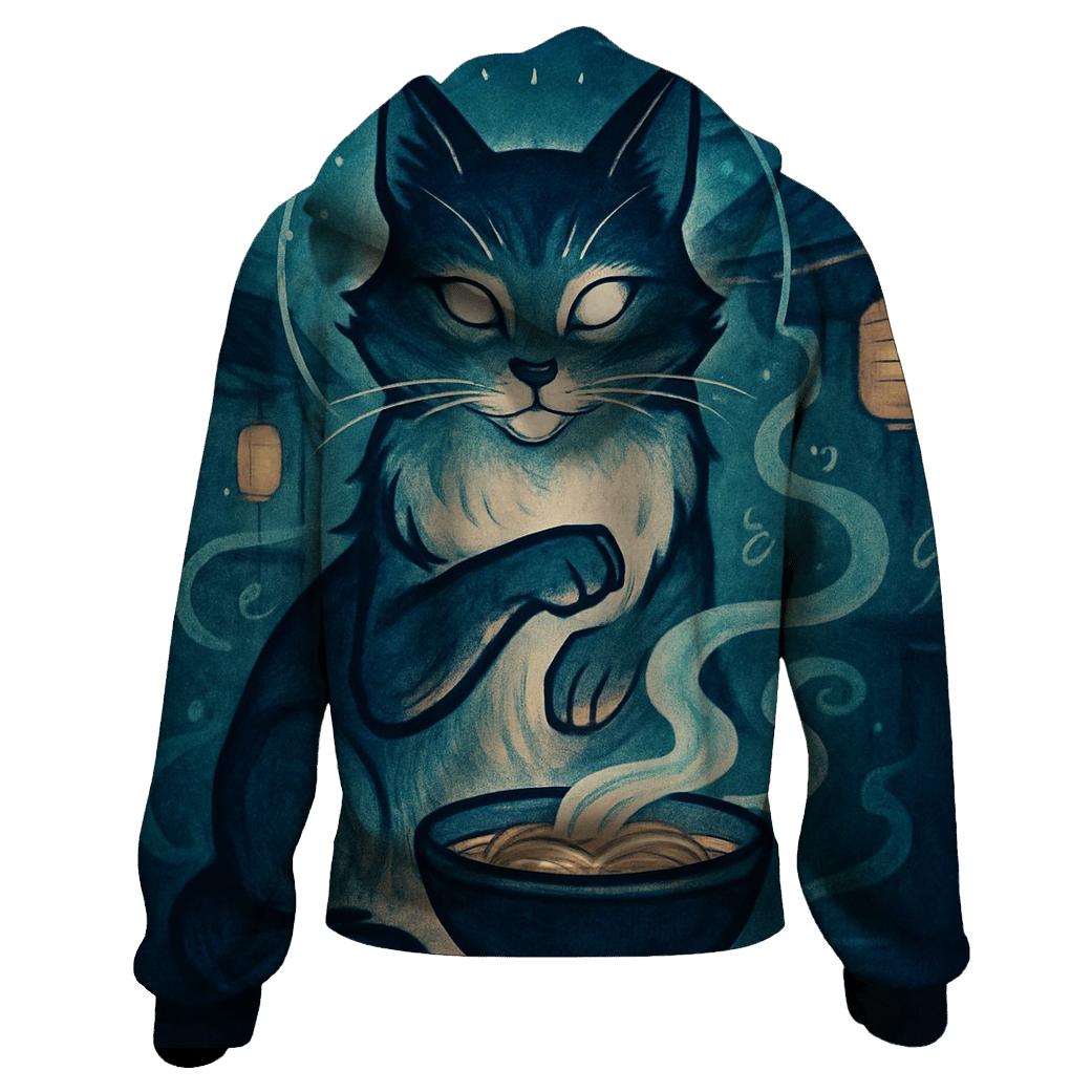 Moonlit Noodle Shop Guardian Cat zip-up hoodies