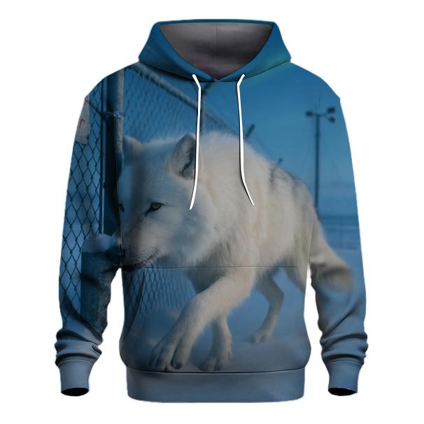 Arctic Wolf Along The Weather Station Fence Line printed hoodies