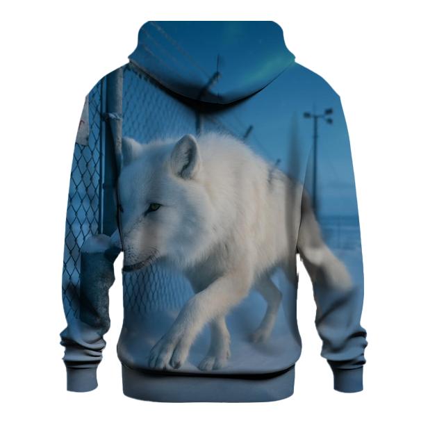 Arctic Wolf Along The Weather Station Fence Line printed hoodies