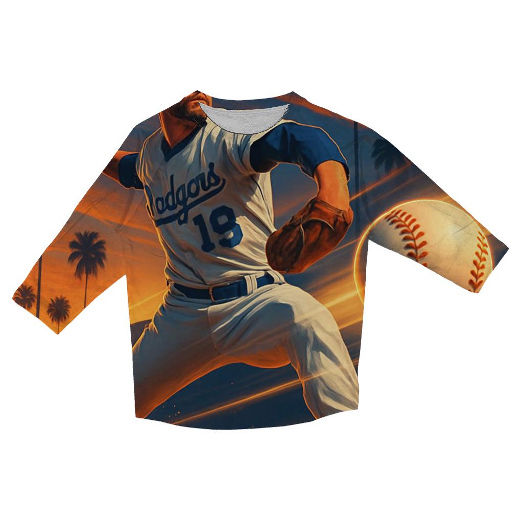 Sunset Pitcher Over The Palm Shadow Stadium printed three quarter sleeve shirts