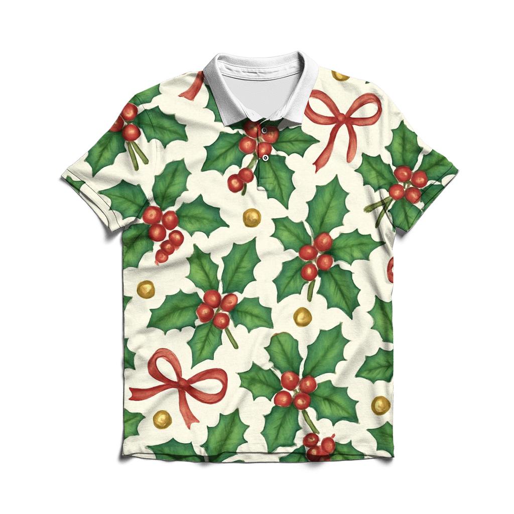 Emerald Holly Ribbon Tessellation On Ivory Background premium cotton polo shirts