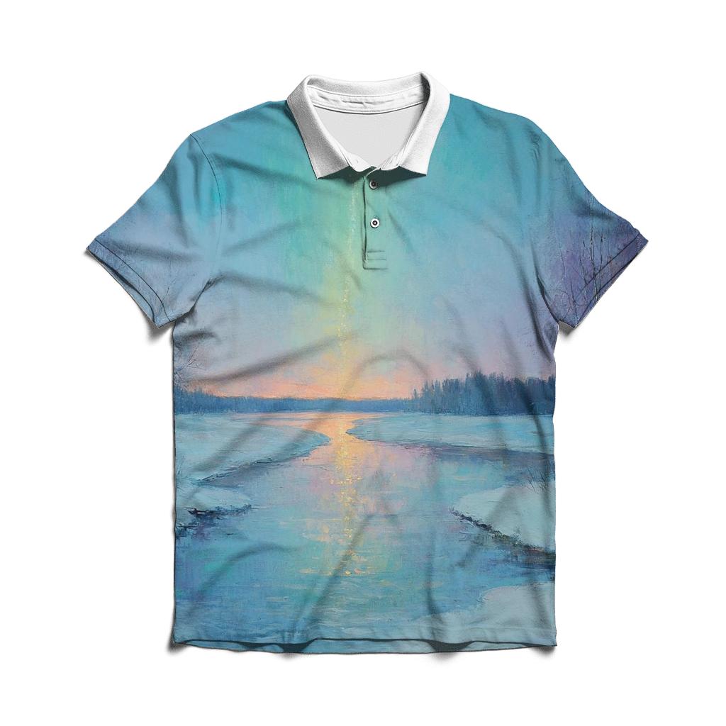 Claude Monet Inspired Aurora Over Winter River custom polo shirts