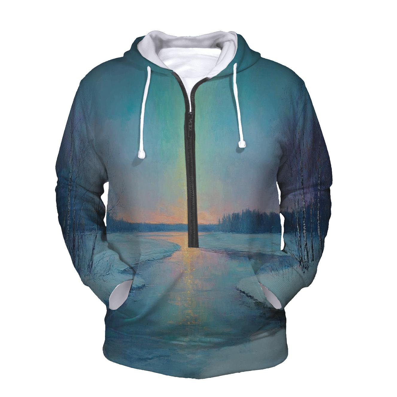 Claude Monet Inspired Aurora Over Winter River hoodie trends