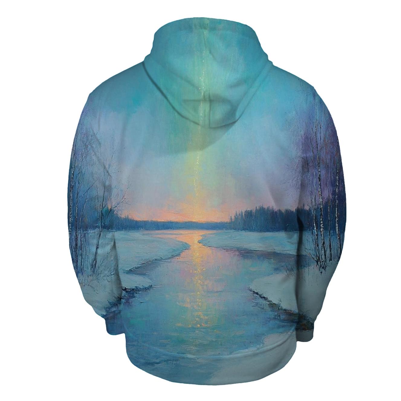 Claude Monet Inspired Aurora Over Winter River hoodie trends