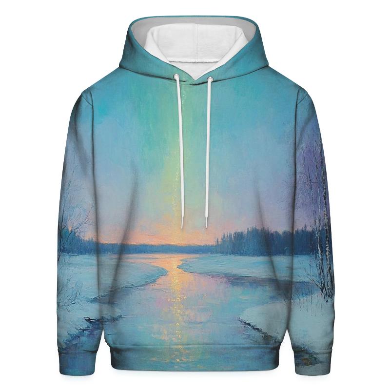 Claude Monet Inspired Aurora Over Winter River embroidered hoodies