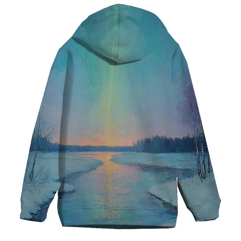 Claude Monet Inspired Aurora Over Winter River embroidered hoodies
