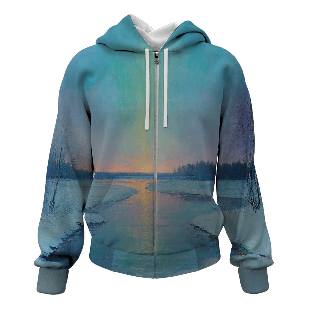 Claude Monet Inspired Aurora Over Winter River heavyweight hoodies