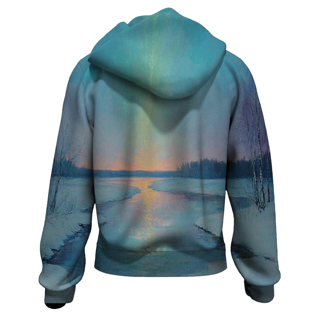 Claude Monet Inspired Aurora Over Winter River heavyweight hoodies