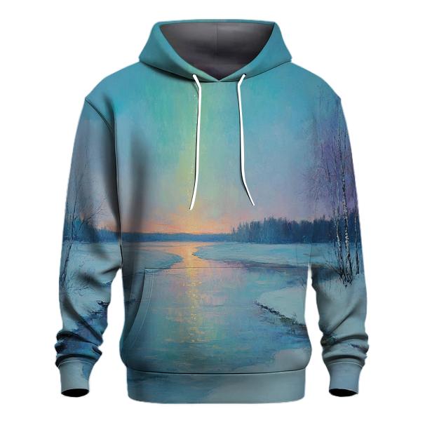 Claude Monet Inspired Aurora Over Winter River designer hoodies