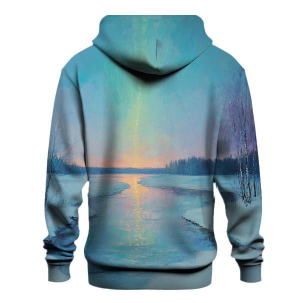 Claude Monet Inspired Aurora Over Winter River designer hoodies