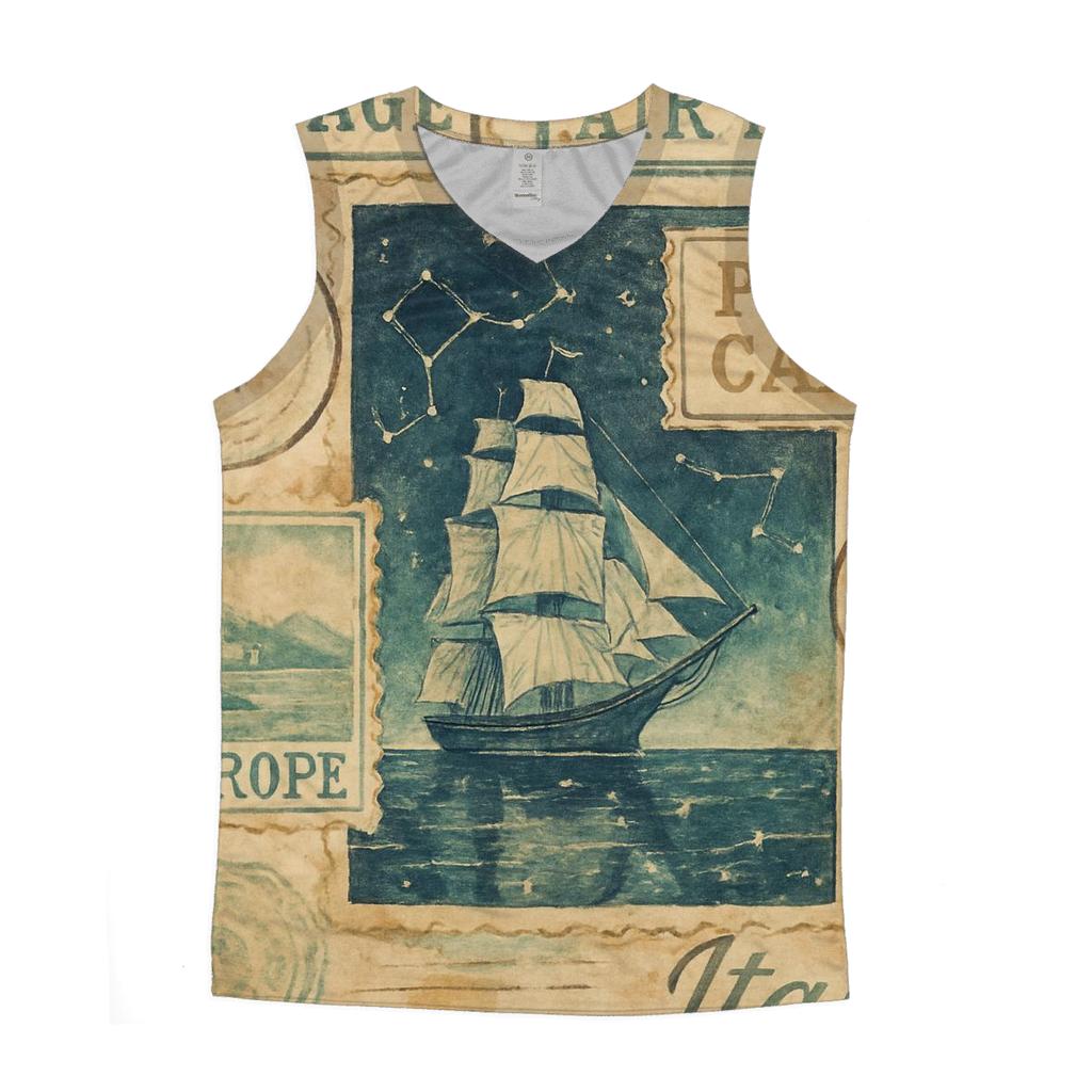 Faded Cosmic Maritime Travel Stamp Collage trendy fitted tank tops