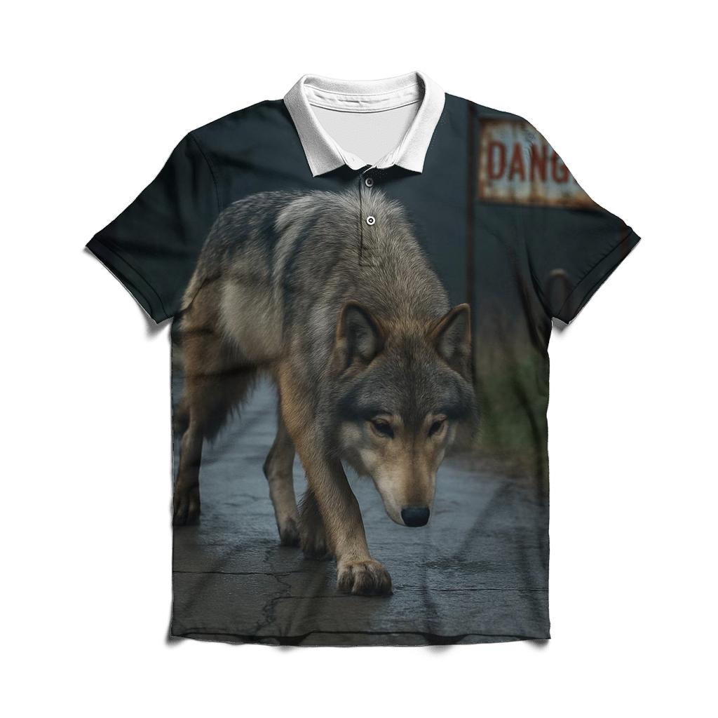 Gray Wolf In The Chernobyl Forest Edge branded logo polo shirts