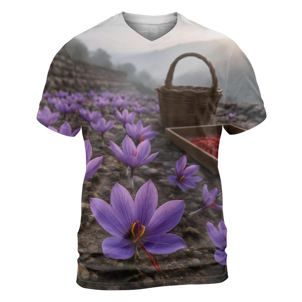 Saffron Crocus Harvest In A Stone Terrace Field trendy printed shirt styles