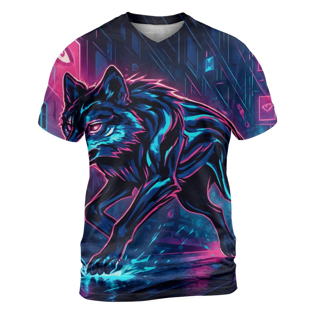 Neon Alley Mirror Shard Wolf artistic all-over print tops