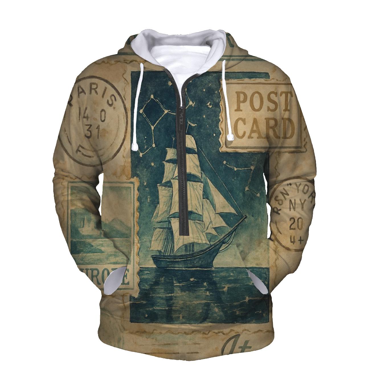 Faded Cosmic Maritime Travel Stamp Collage hoodie styles