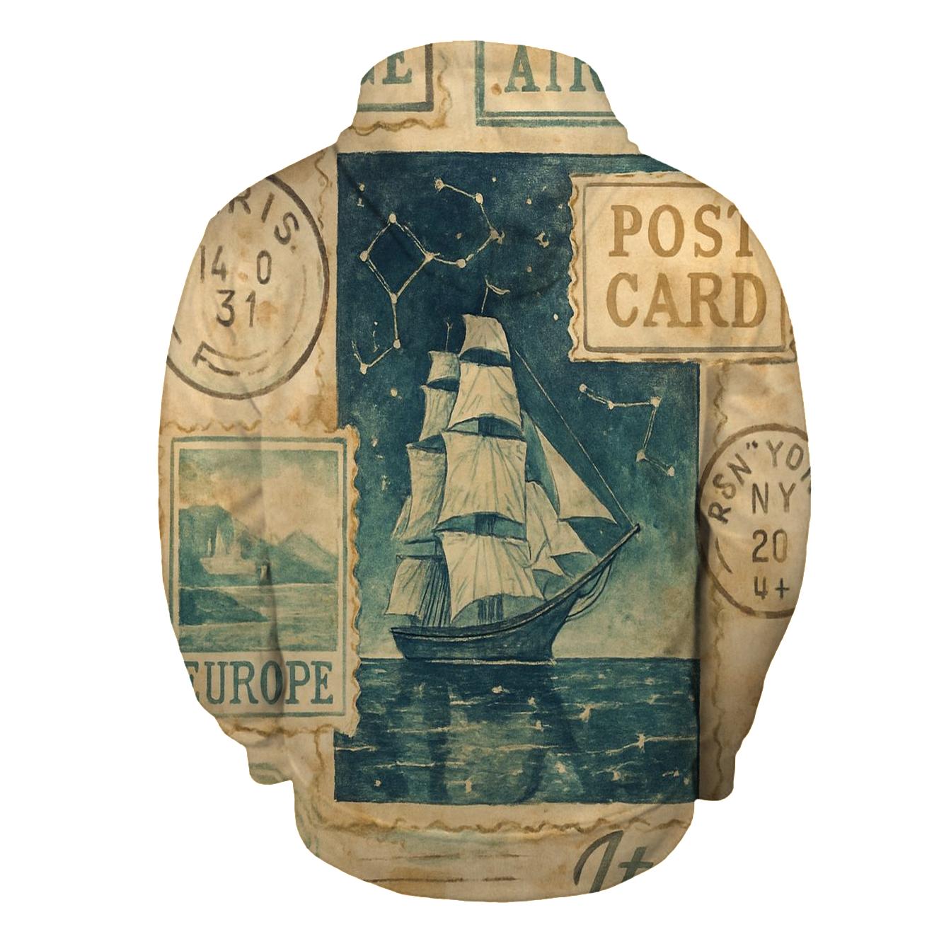 Faded Cosmic Maritime Travel Stamp Collage hoodie styles