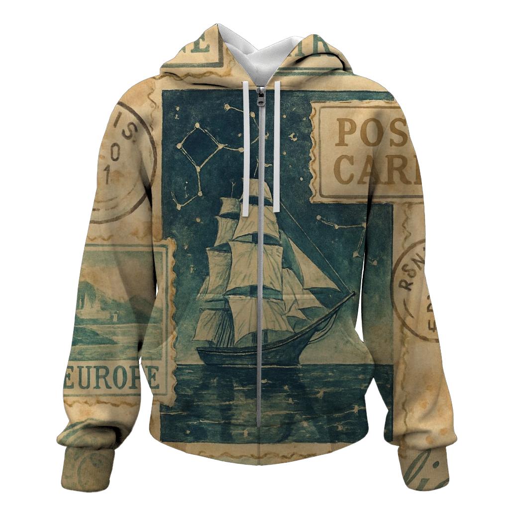 Faded Cosmic Maritime Travel Stamp Collage hoodie trends