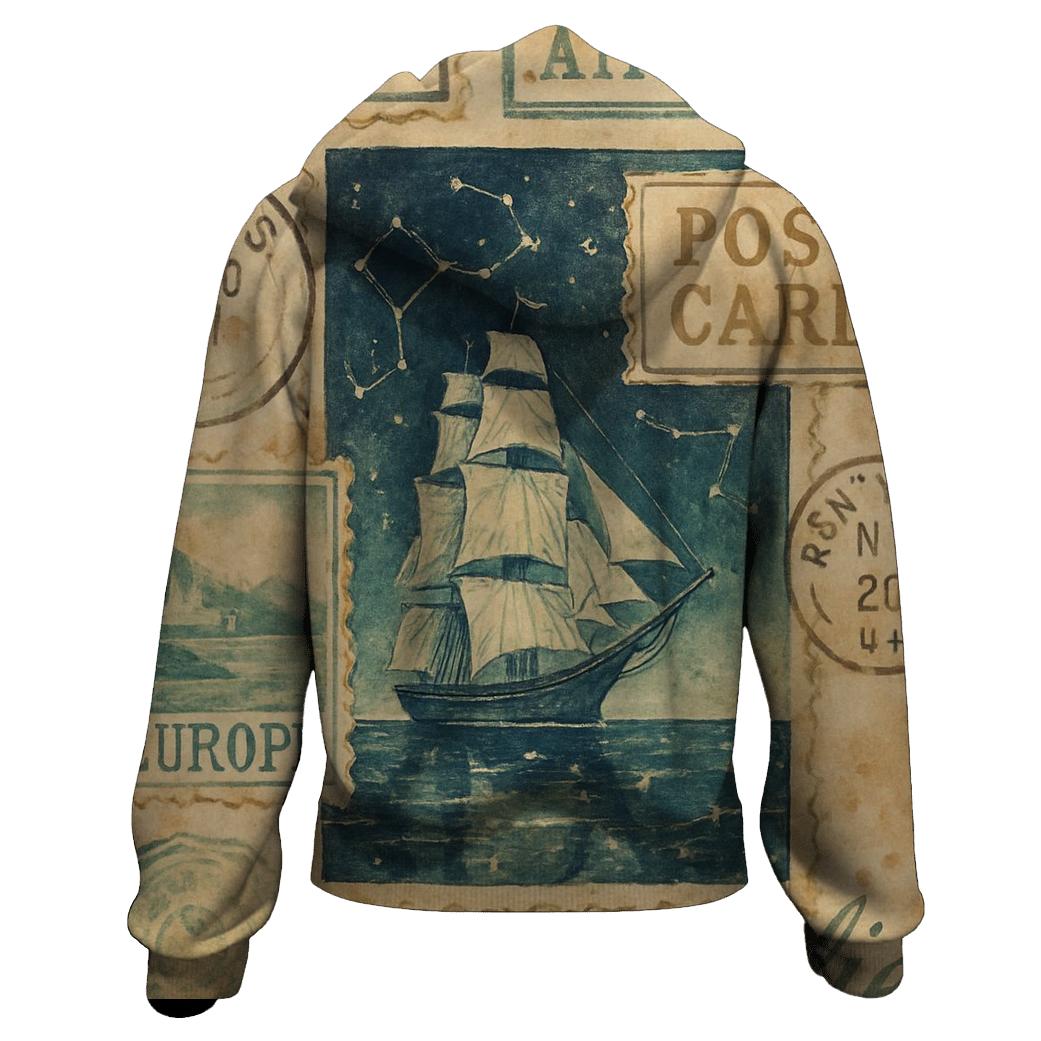 Faded Cosmic Maritime Travel Stamp Collage hoodie trends