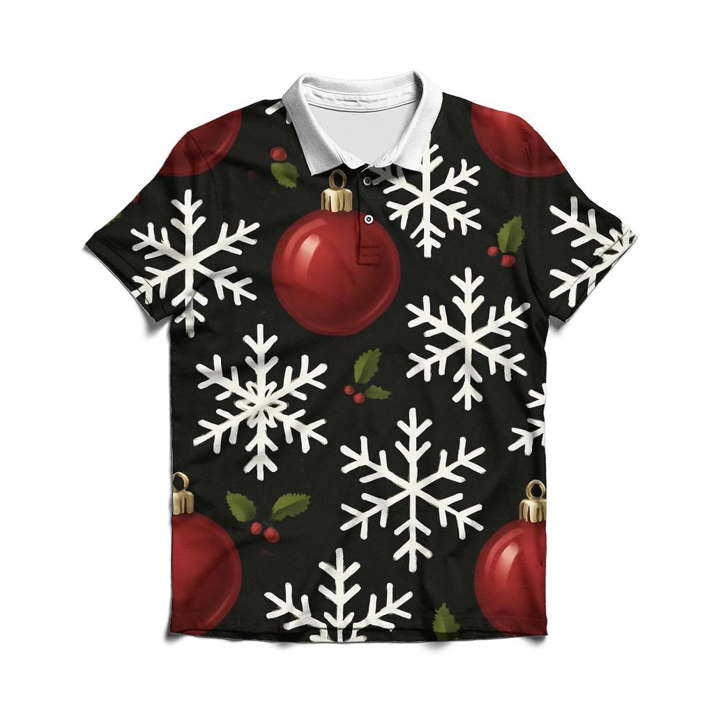 Crimson Ornament Snowflake Tessellation On Midnight Black designer slim fit polos
