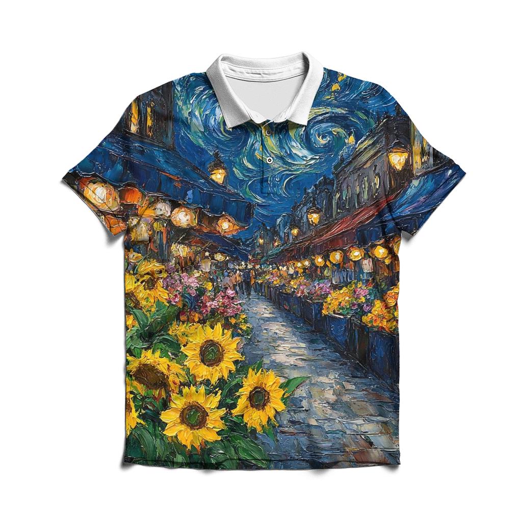 Van Gogh Inspired Midnight Flower Market classic pique polos
