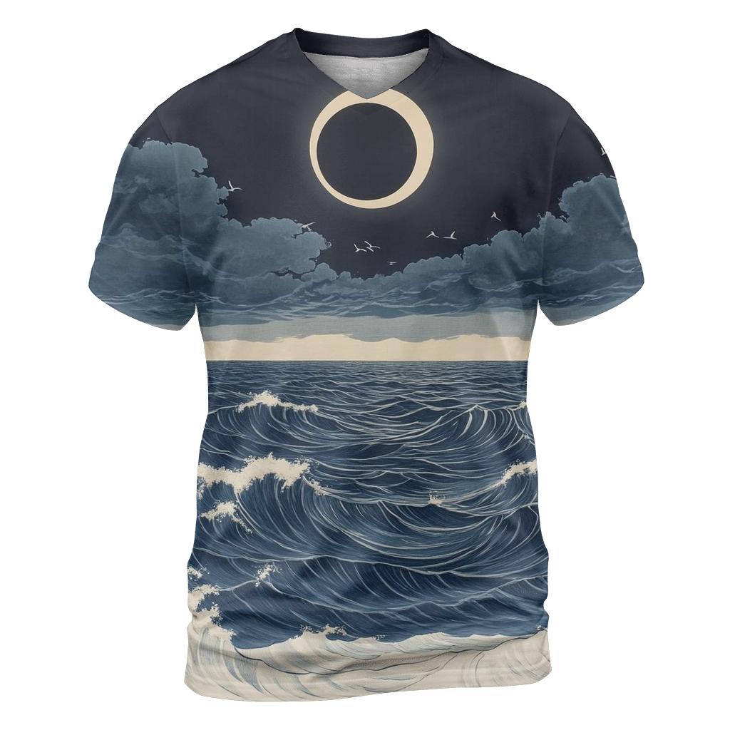Hokusai Inspired Solar Eclipse Over Stormy Sea designer pattern shirts