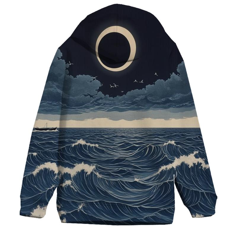 Hokusai Inspired Solar Eclipse Over Stormy Sea zip-up hoodies