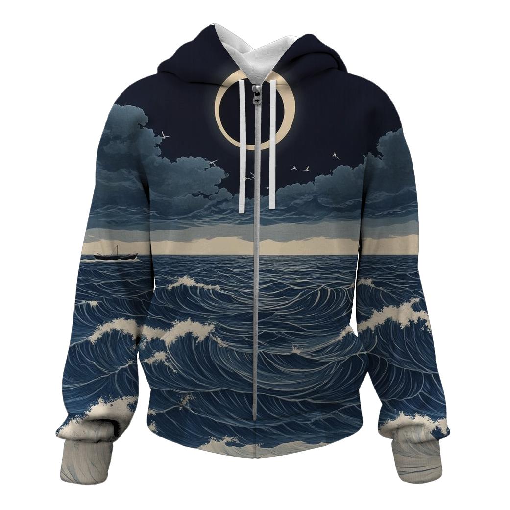 Hokusai Inspired Solar Eclipse Over Stormy Sea custom hoodies
