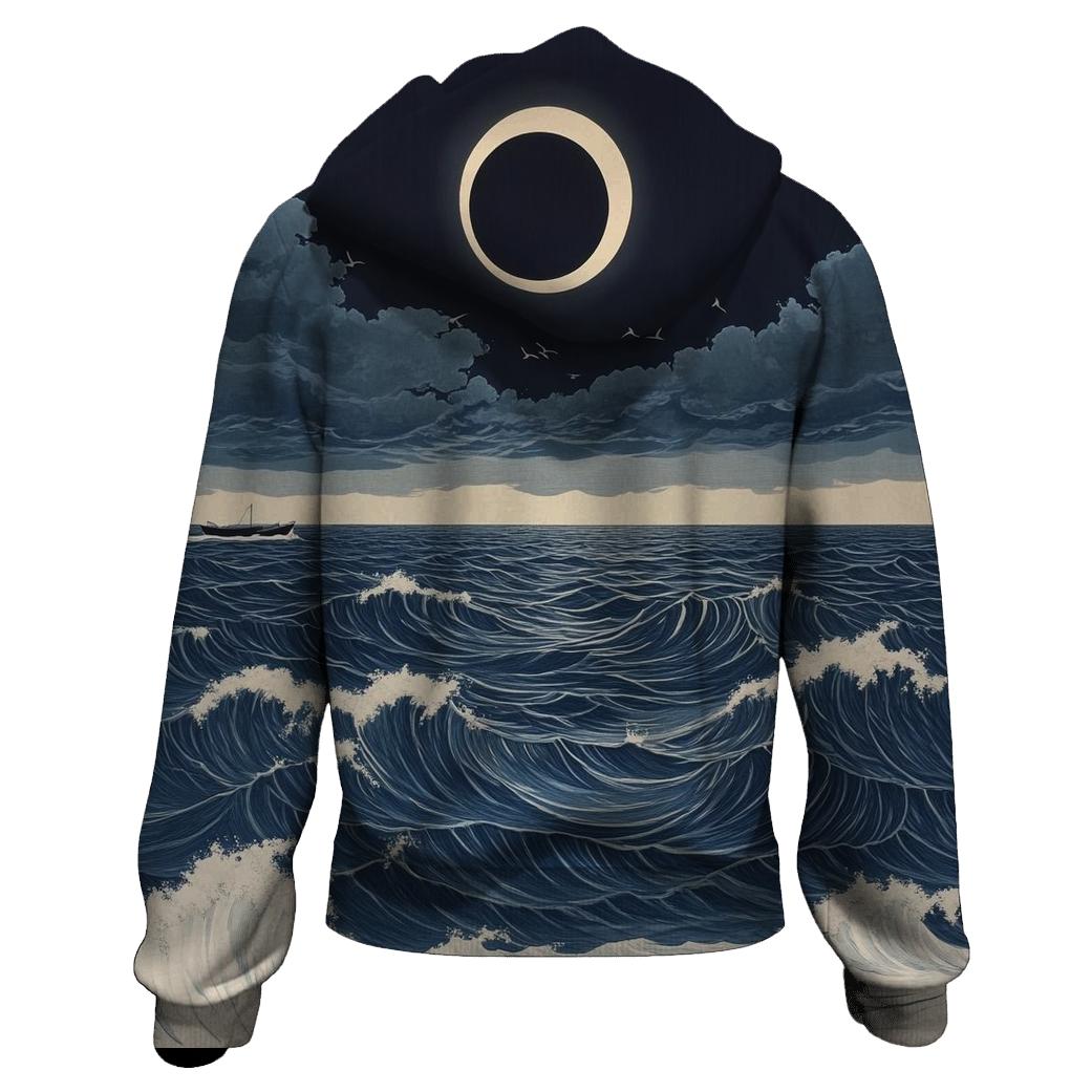 Hokusai Inspired Solar Eclipse Over Stormy Sea custom hoodies