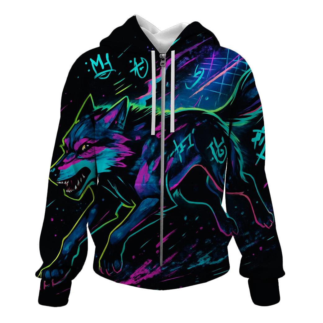 Neon Rift Courier Wolf printed hoodies