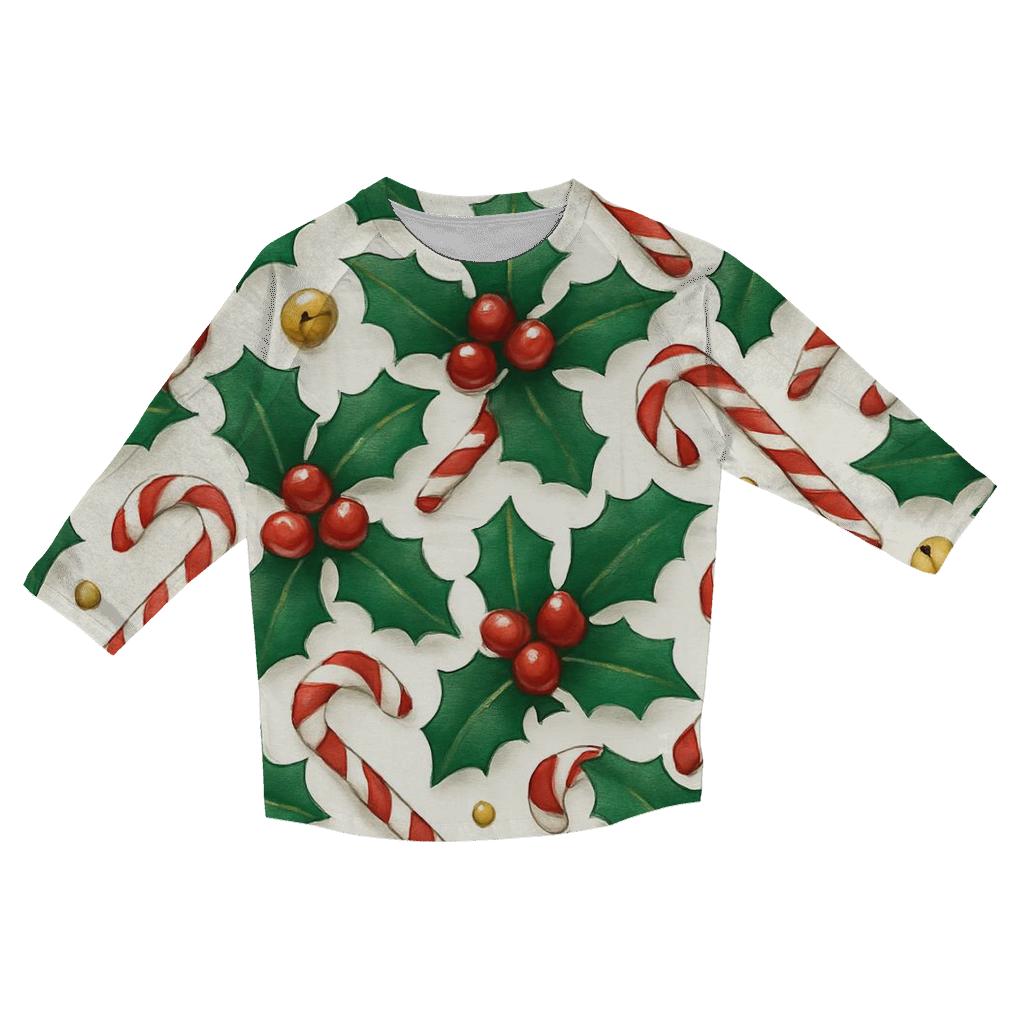 Crimson Holly And Candy Cane Tilework On Snow White printed three quarter sleeve shirts