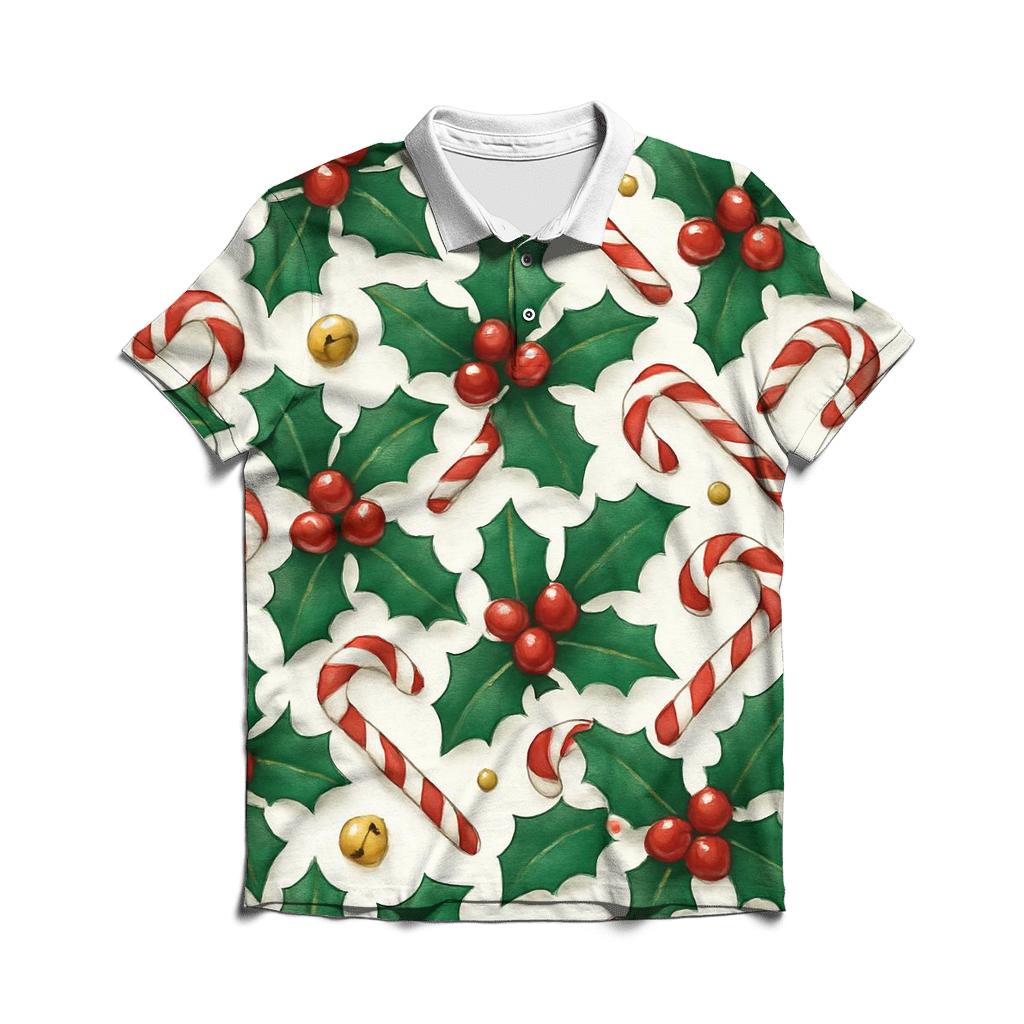 Crimson Holly And Candy Cane Tilework On Snow White custom polo shirts