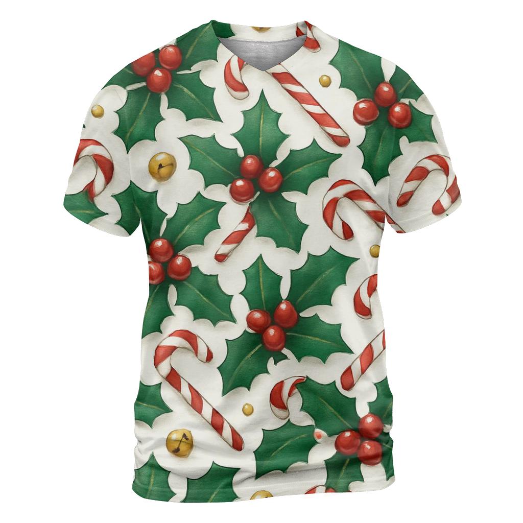 Crimson Holly And Candy Cane Tilework On Snow White creative print fashion shirts