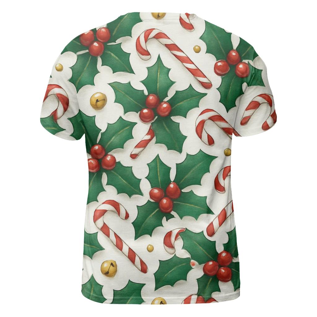 Crimson Holly And Candy Cane Tilework On Snow White creative print fashion shirts