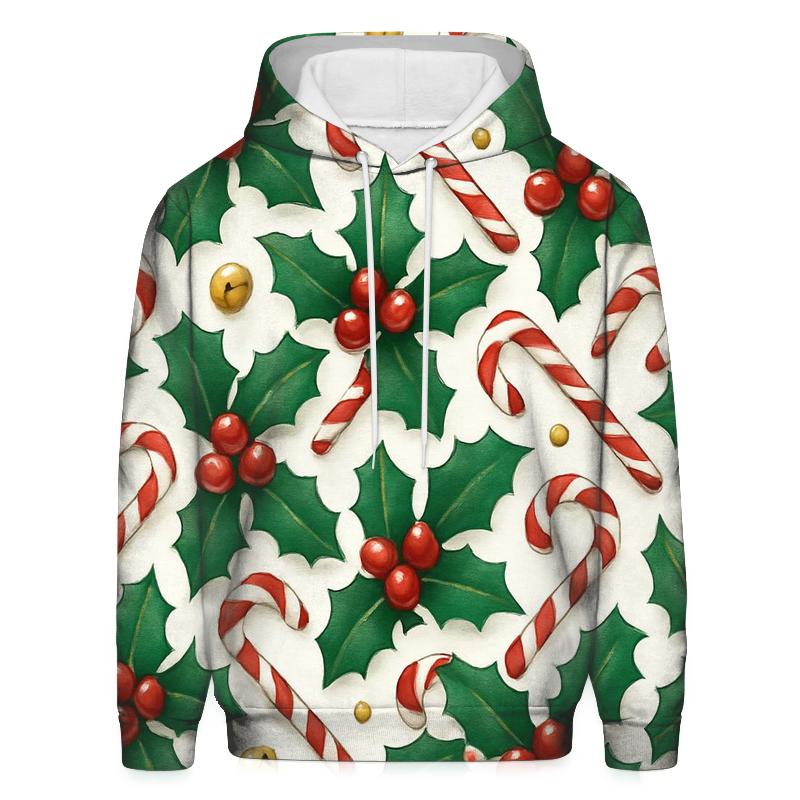 Crimson Holly And Candy Cane Tilework On Snow White premium hoodies