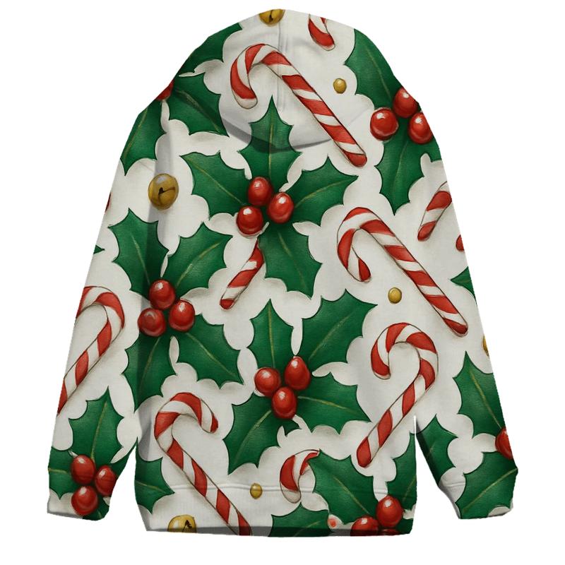 Crimson Holly And Candy Cane Tilework On Snow White premium hoodies