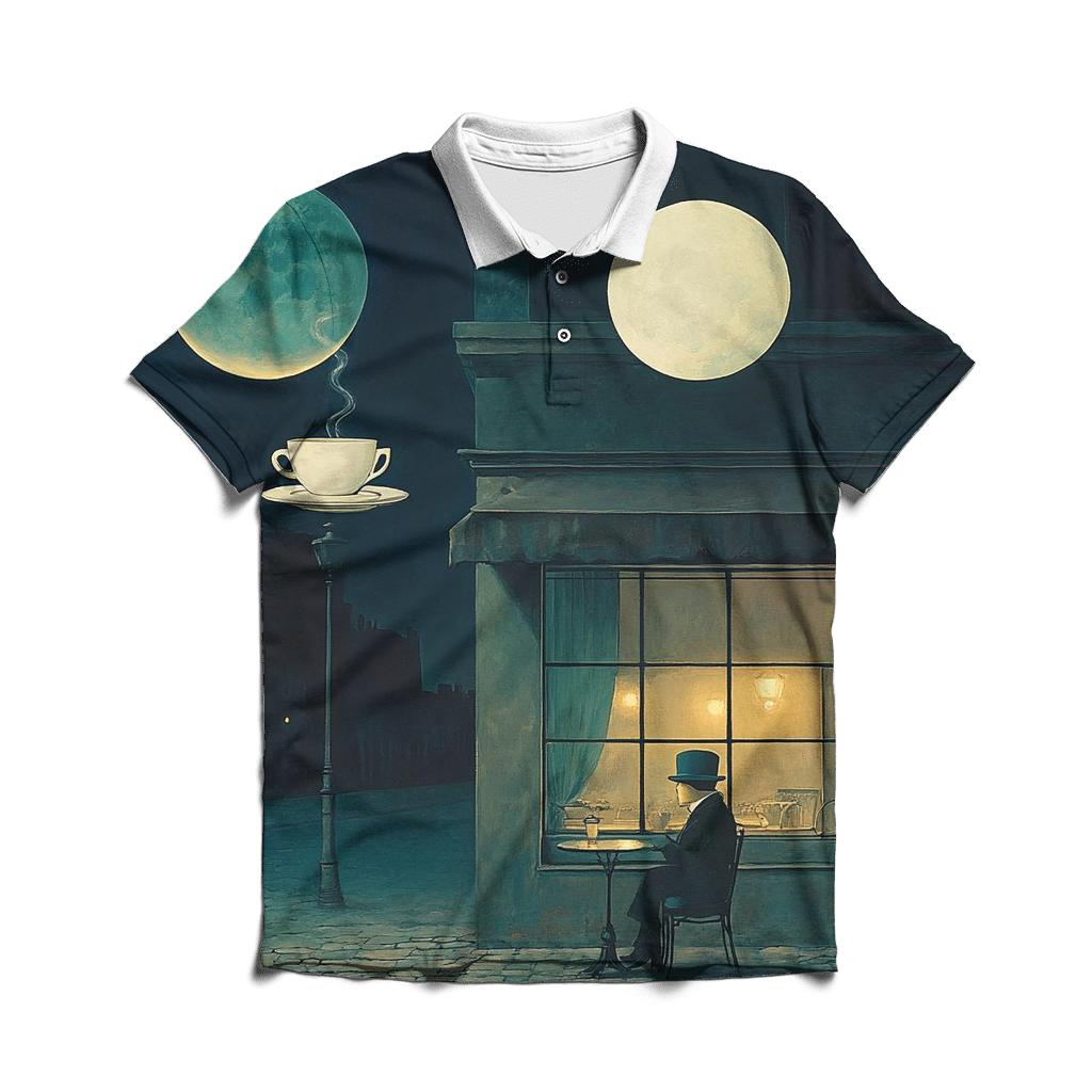 Rene Magritte Inspired Midnight Cafe Under Two Moons branded logo polo shirts