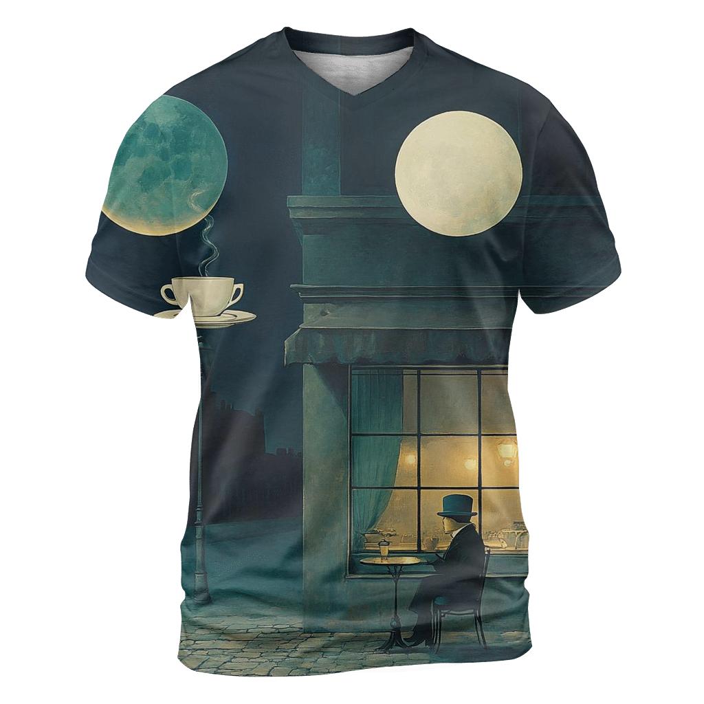 Rene Magritte Inspired Midnight Cafe Under Two Moons statement graphic shirts