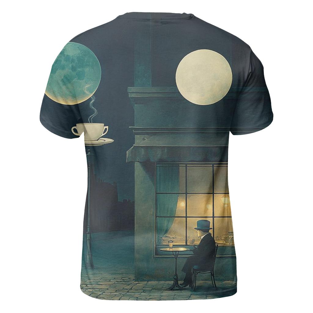 Rene Magritte Inspired Midnight Cafe Under Two Moons statement graphic shirts