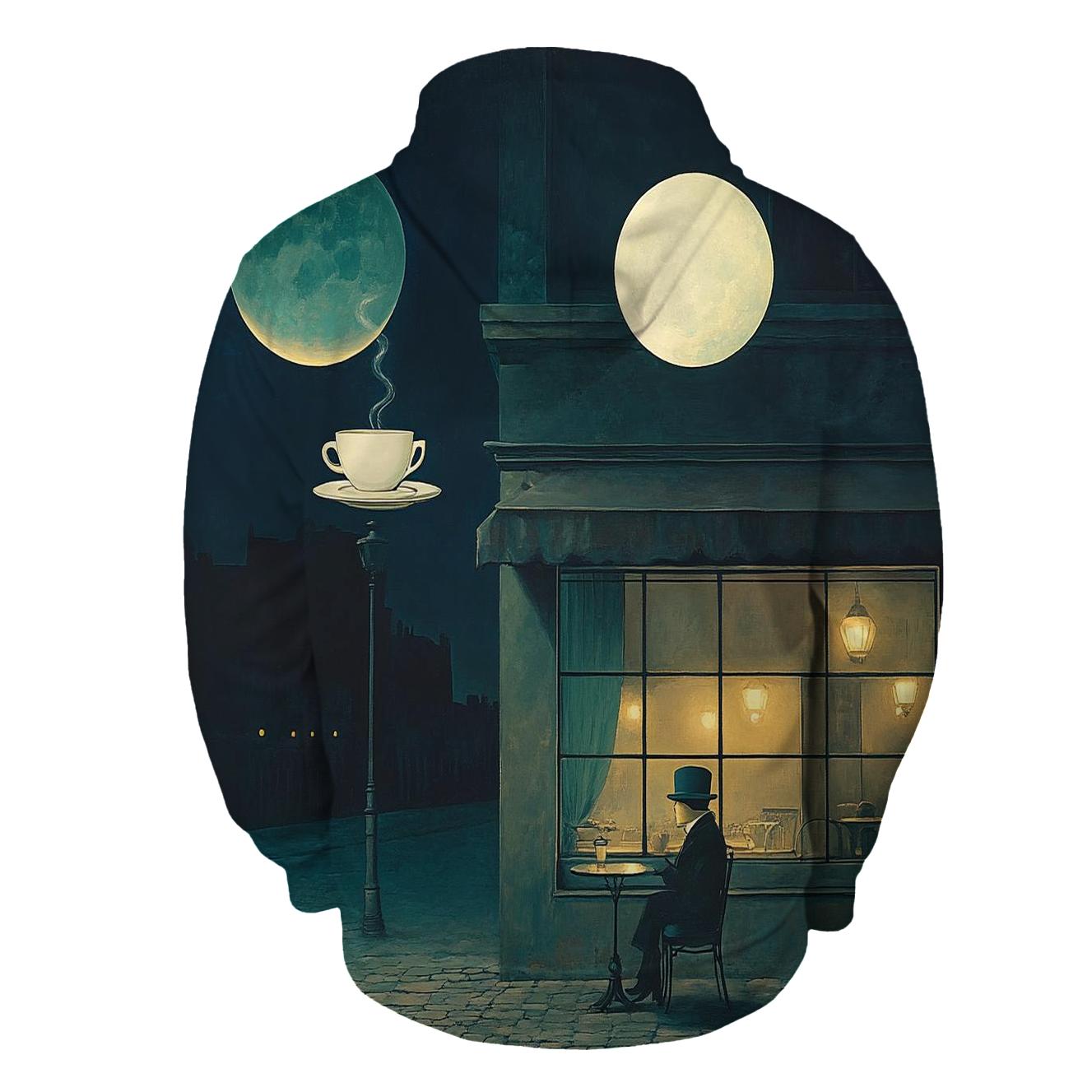 Rene Magritte Inspired Midnight Cafe Under Two Moons designer hoodies