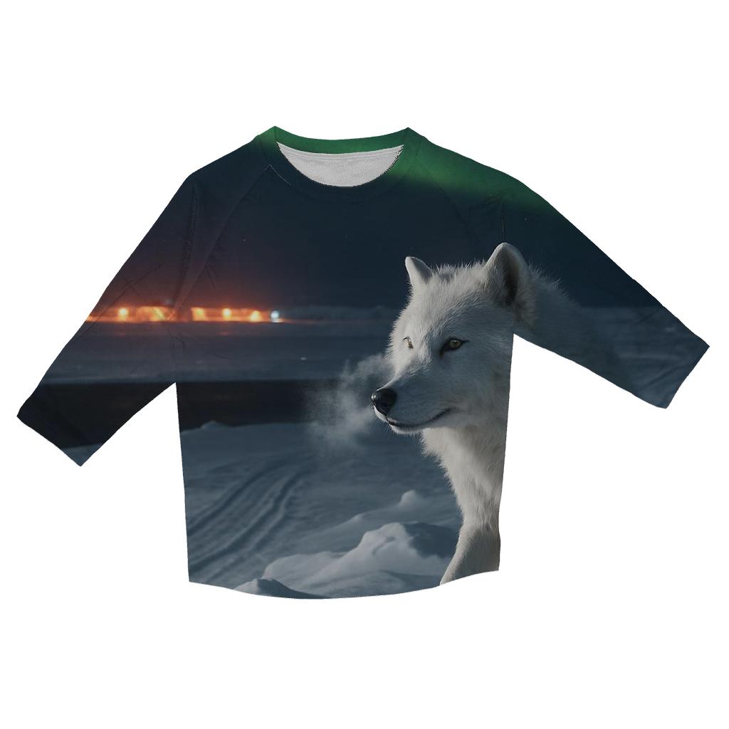 Arctic Research Camp Night Watch Wolf At Auroral Ice Ridge printed three quarter sleeve shirts