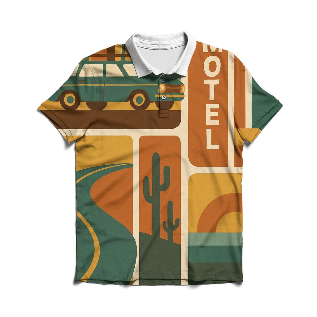 Groovy Road Trip Postcard Collage designer slim fit polos