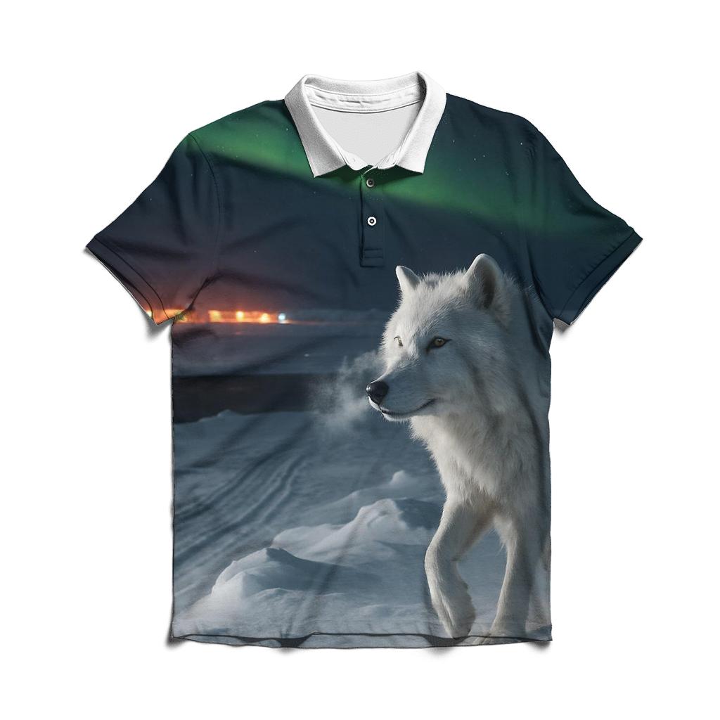 Arctic Research Camp Night Watch Wolf At Auroral Ice Ridge branded logo polo shirts