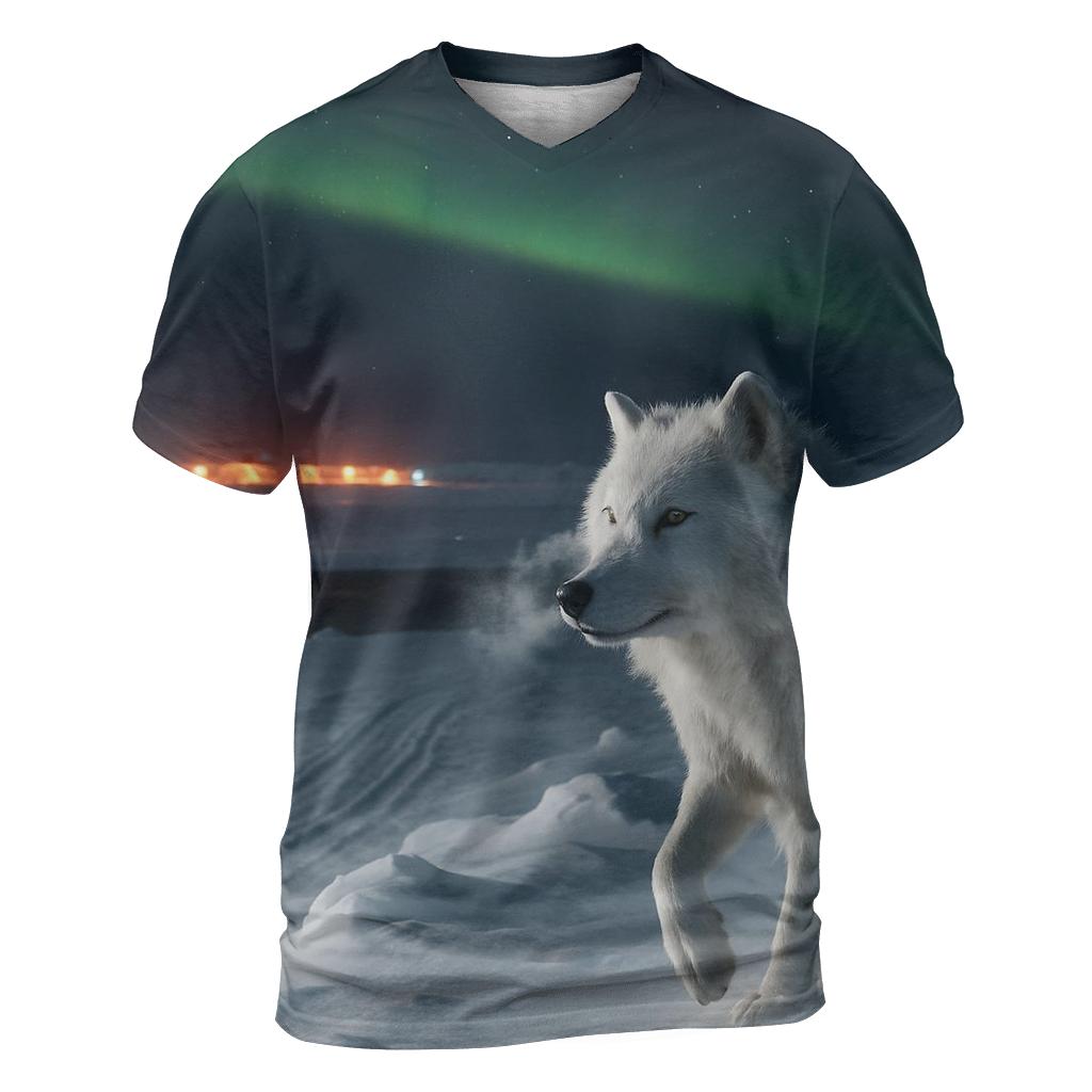 Arctic Research Camp Night Watch Wolf At Auroral Ice Ridge artistic all-over print tops