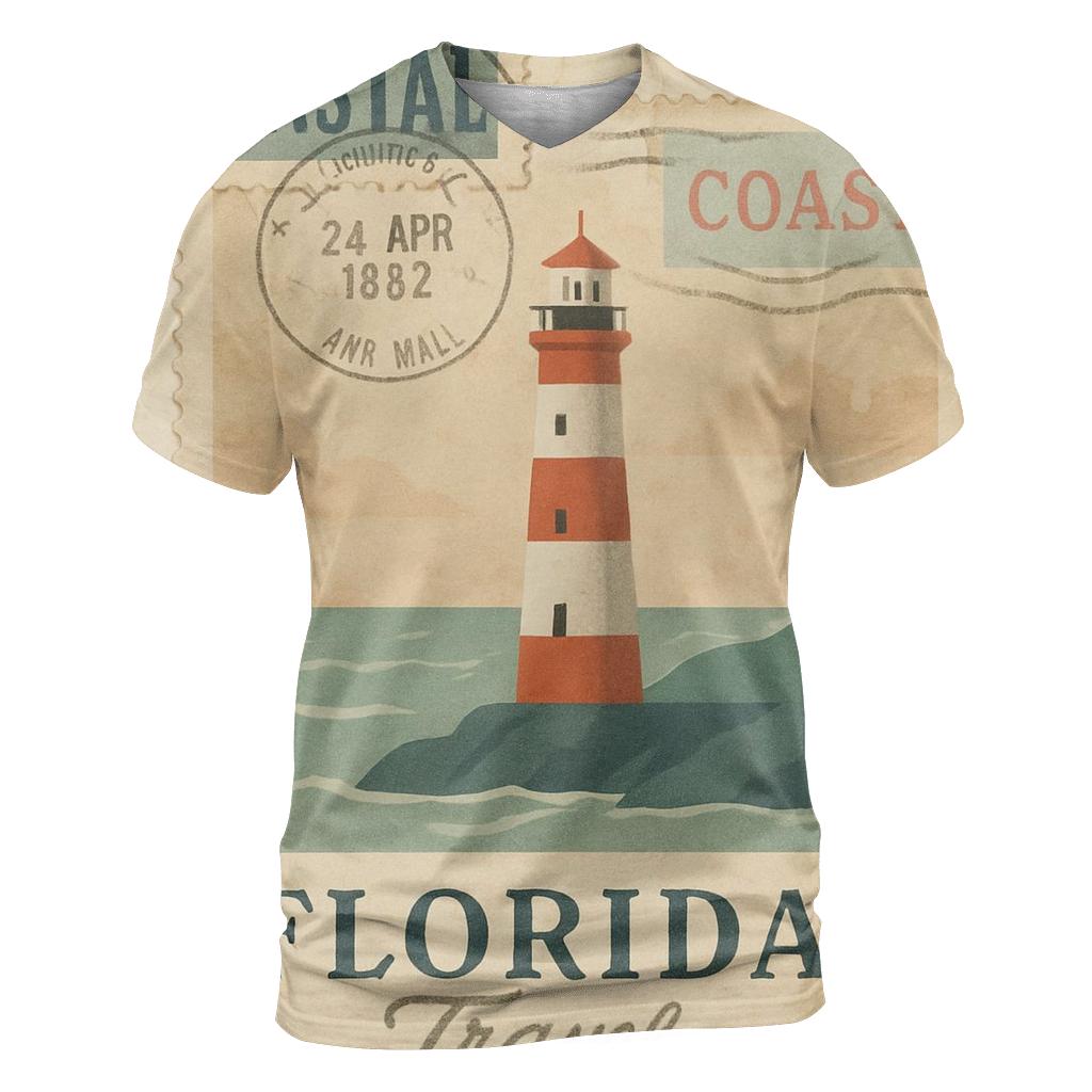 Vintage Harbor Lighthouse Travel Stamp Collage statement graphic shirts