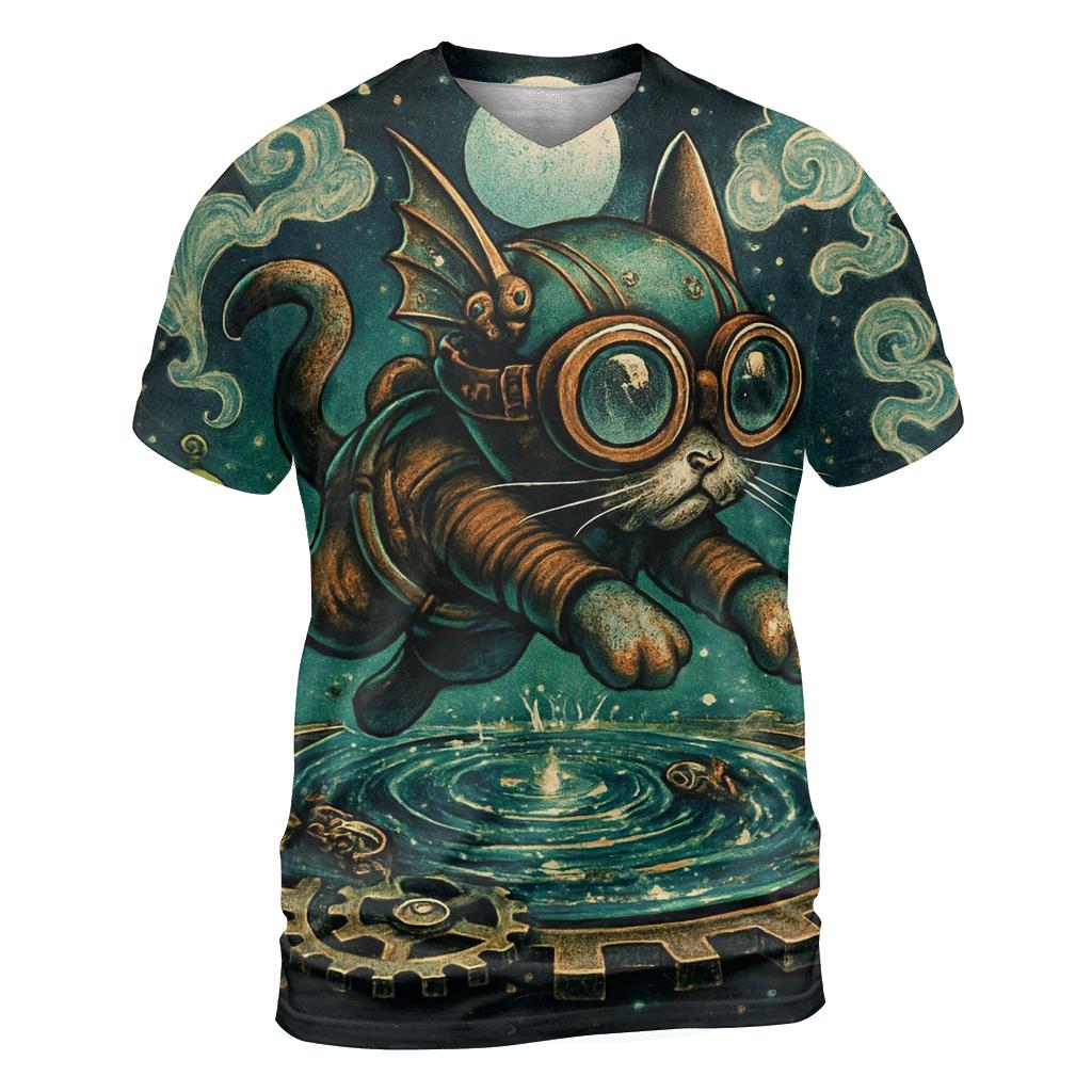 Clockwork Lagoon Cat vibrant all-over design tees