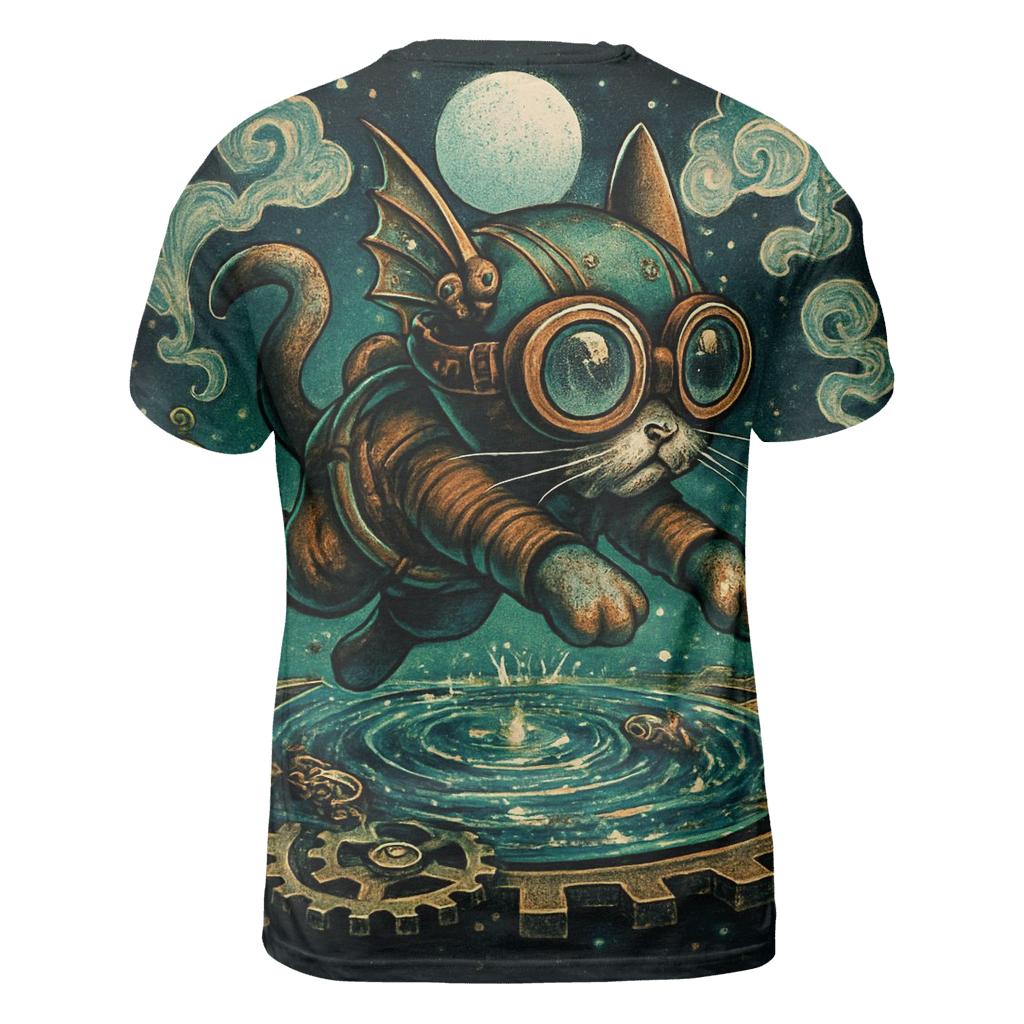 Clockwork Lagoon Cat vibrant all-over design tees