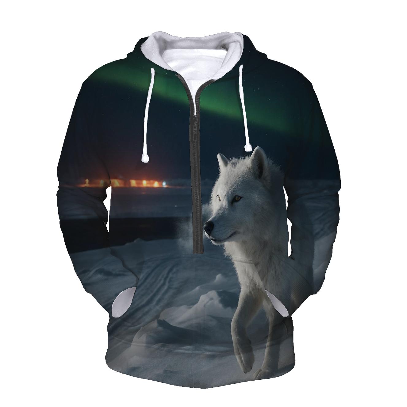 Arctic Research Camp Night Watch Wolf At Auroral Ice Ridge zip-up hoodies