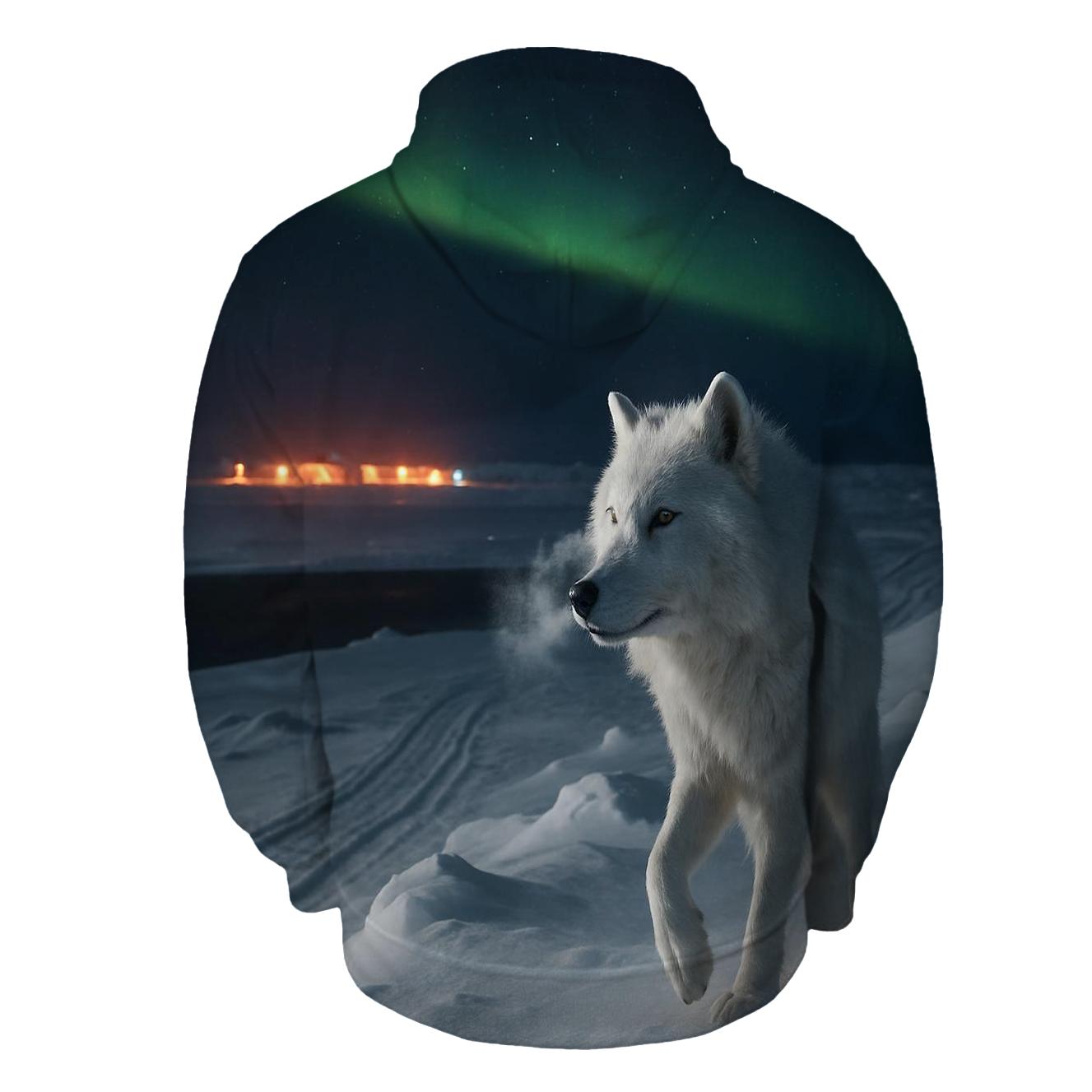 Arctic Research Camp Night Watch Wolf At Auroral Ice Ridge zip-up hoodies